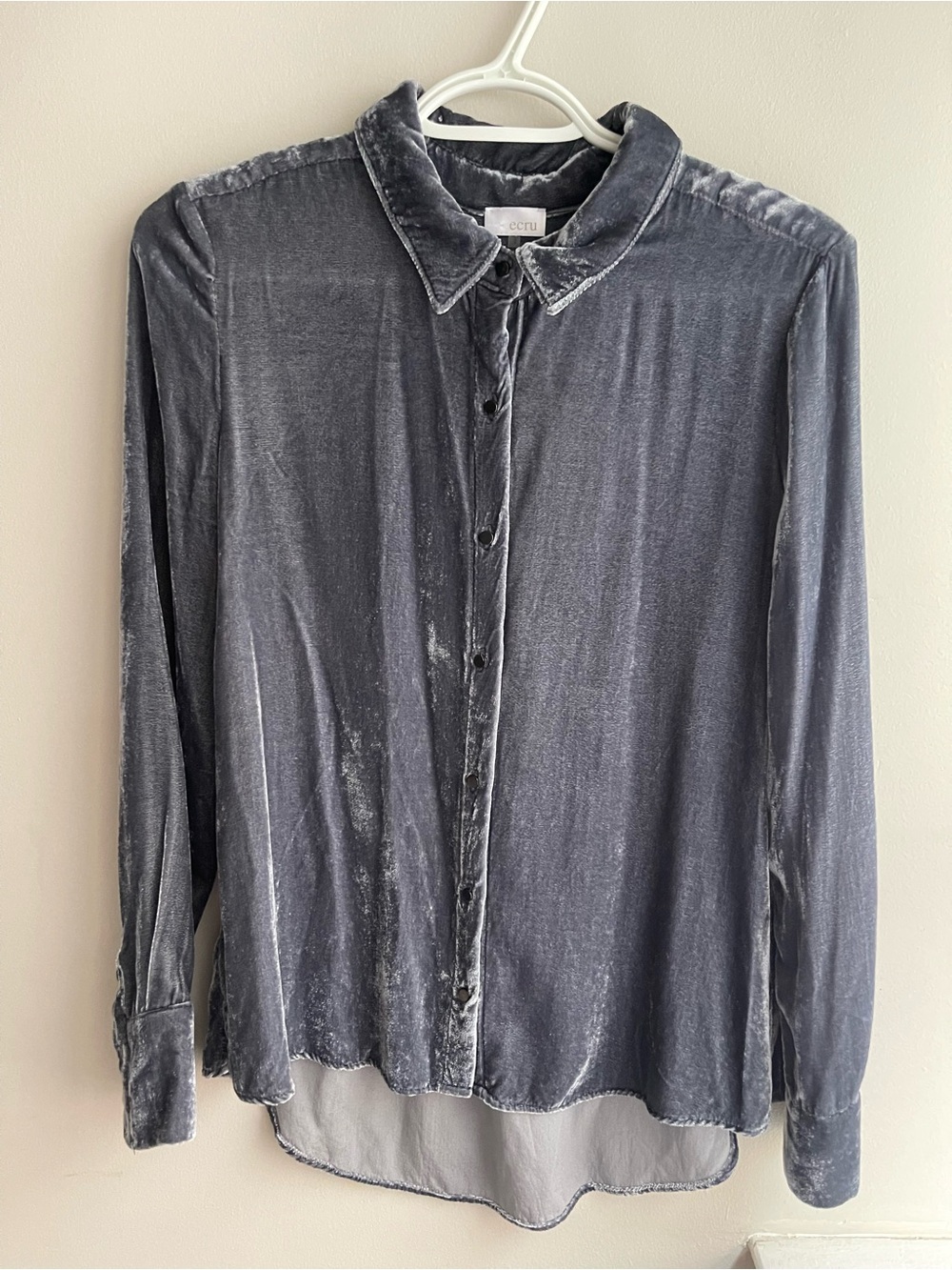 ECRU Velvet Button-Down Long Sleeve Shirt in Charcoal Small
